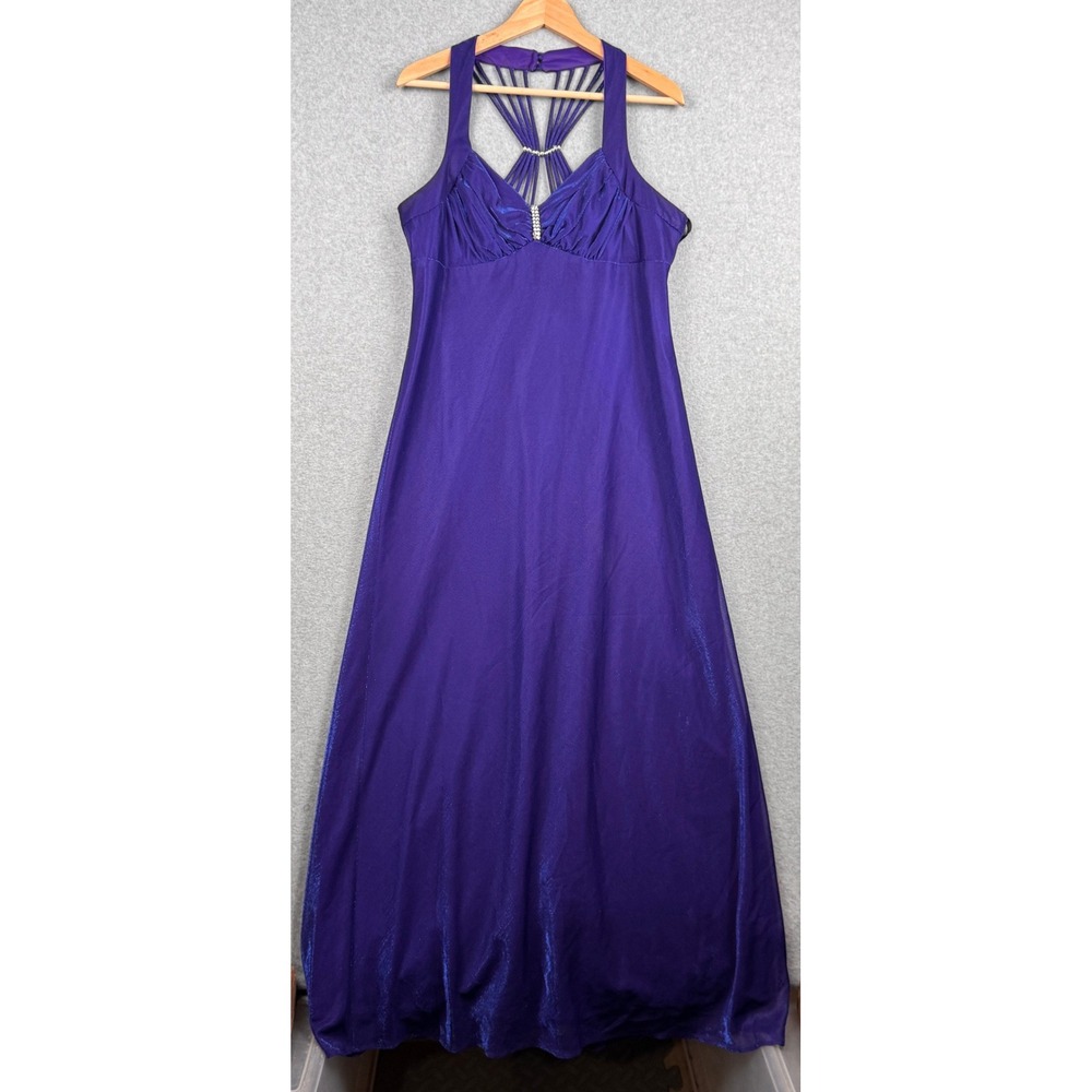 VTG Maurices Gown Womens 15/16 Purple Rhinestone Strappy Metallic Y2K 90s Formal